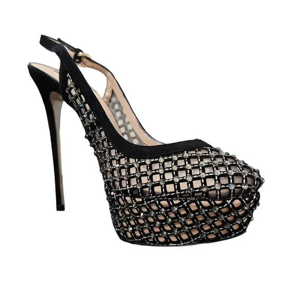 Valentino Garavani Lattice Crystals Slingback Platform Pumps Black Size 7.5 - Picture 3 of 14